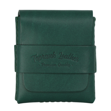 A dark green leather card holder or small wallet with a wrap-around strap embossed with the brand name 'Toprank Leather' and 'Premium Quality', shown on a plain white background. 