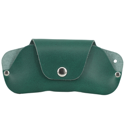 Green leather pouch with metal clasps on a white background 