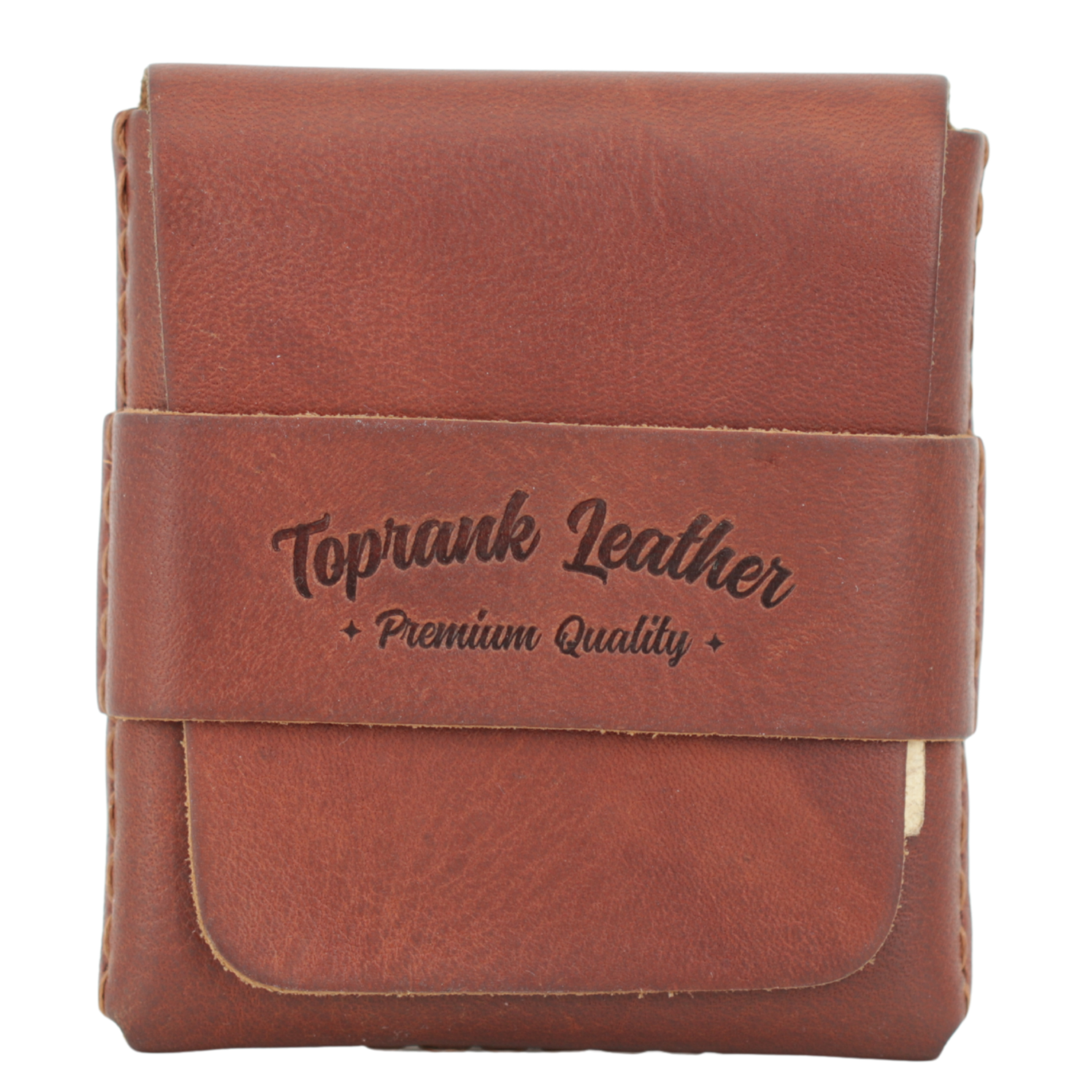 Brown leather wallet with 'Toprank Leather Premium Quality' branding on a white background 