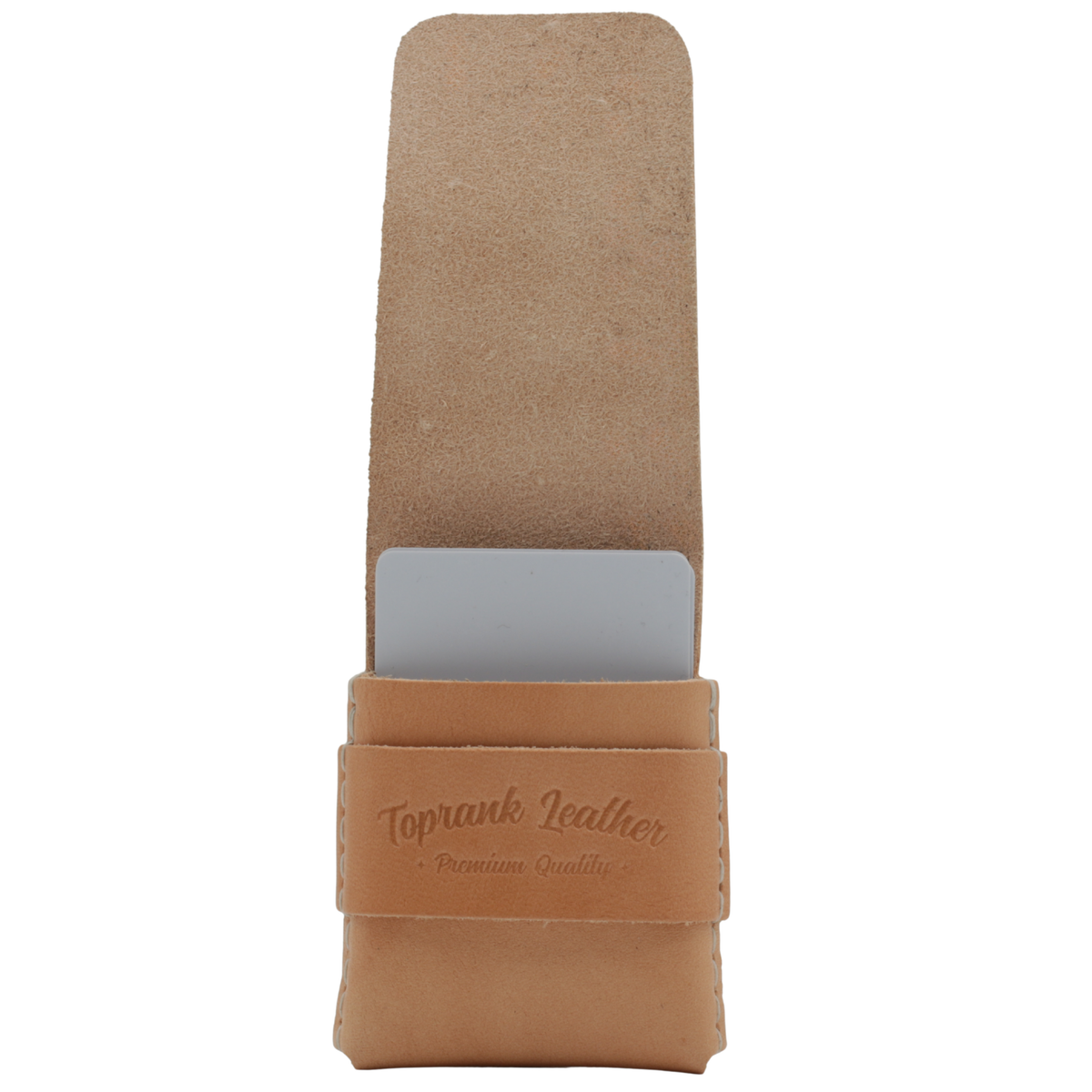 Brown leather phone case with Toprank Leather branding on a white background 