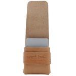 Brown leather phone case with Toprank Leather branding on a white background 