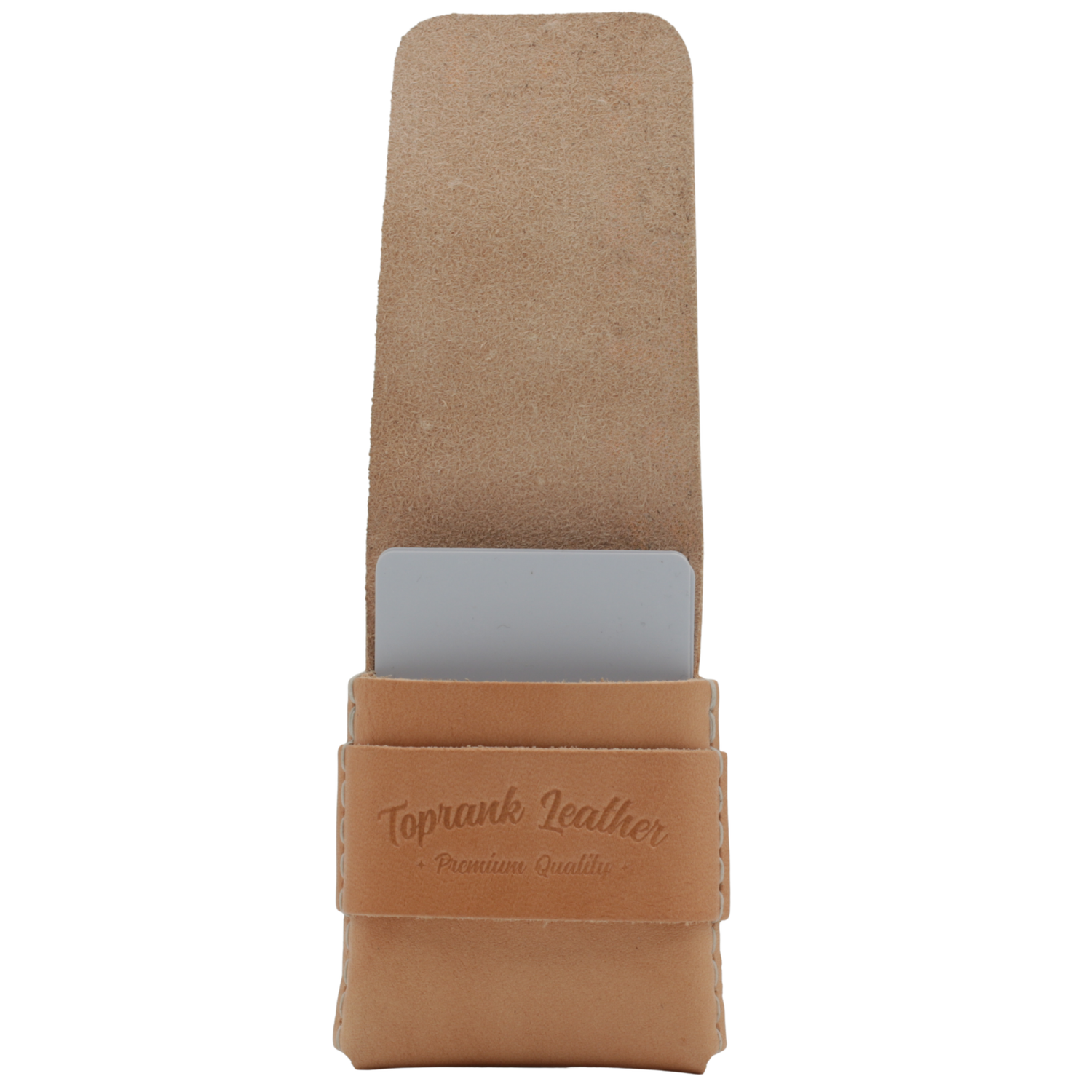 Brown leather phone case with Toprank Leather branding on a white background