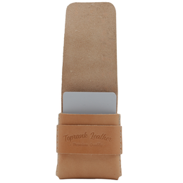 Brown leather phone case with Toprank Leather branding on a white background 