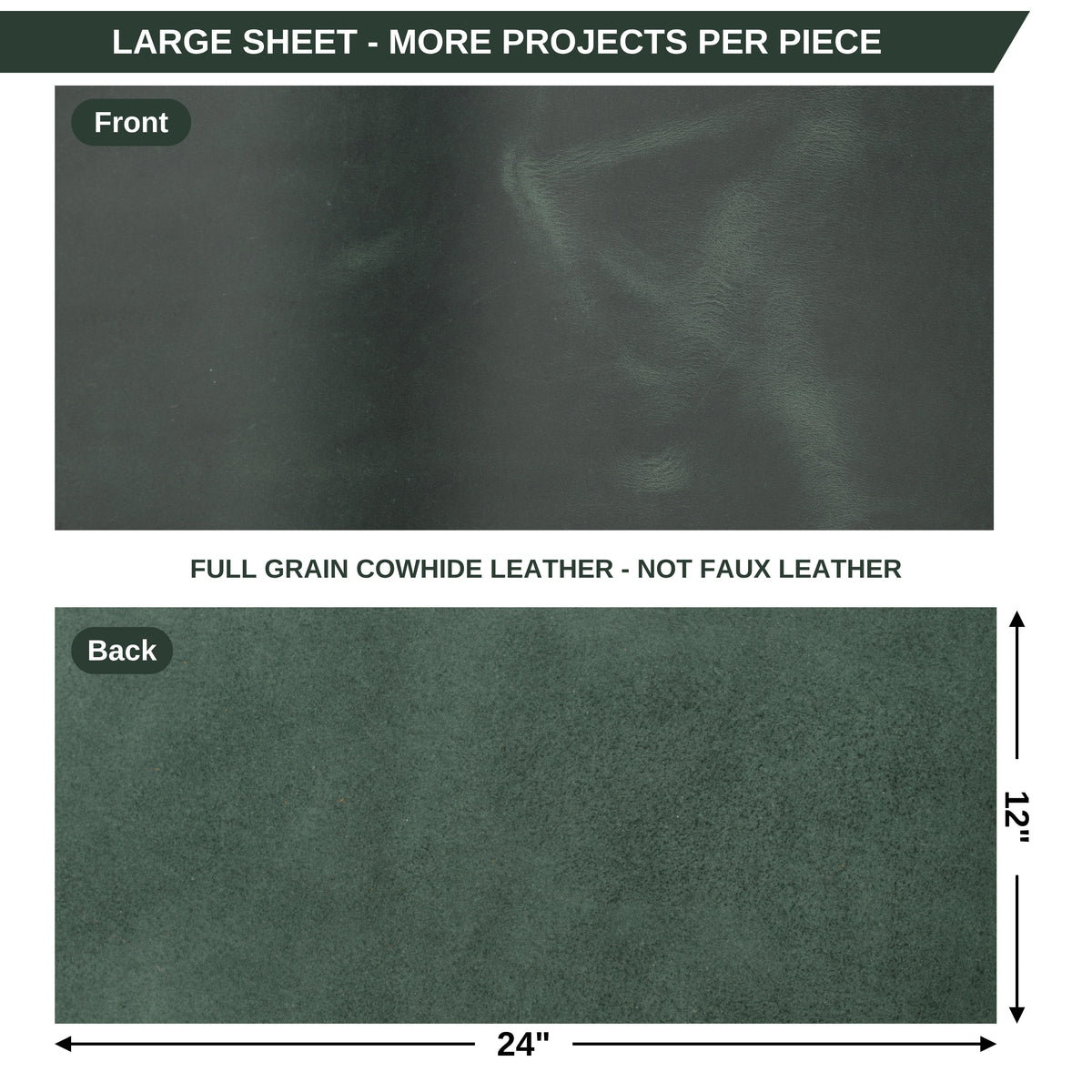 A product information graphic showing a dark green leather sheet with front and back views. The top panel is labeled 'Front' and shows a slightly textured, darker side of the leather. 