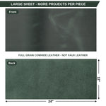 A product information graphic showing a dark green leather sheet with front and back views. The top panel is labeled 'Front' and shows a slightly textured, darker side of the leather. 