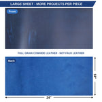 A product information graphic showing a blue leather sheet with front and back views. The top panel labeled Front shows a darker, slightly mottled blue leather surface with text reading 'LARGE SHEET - MORE PROJECTS PER PIECE' and 'Front. 