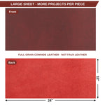 A product information graphic showing two suede-like leather sheets labeled Front and Back. The top sheet is dark reddish brown and the bottom sheet is red. 