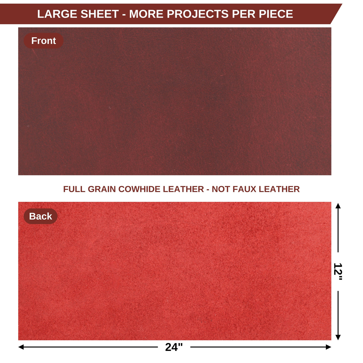 A product information graphic showing two suede-like leather sheets labeled Front and Back. The top sheet is dark reddish brown and the bottom sheet is red. 