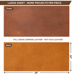 A product information graphic showing a large brown leather sheet labeled Front and Back, with text stating 'LARGE SHEET - MORE PROJECTS PER PIECE' and 'FULL GRAIN COWHIDE LEATHER - NOT FAUX LEATHER.' The lower panel includes dimension arrows marking 24 inches wide and 12 inches high. 