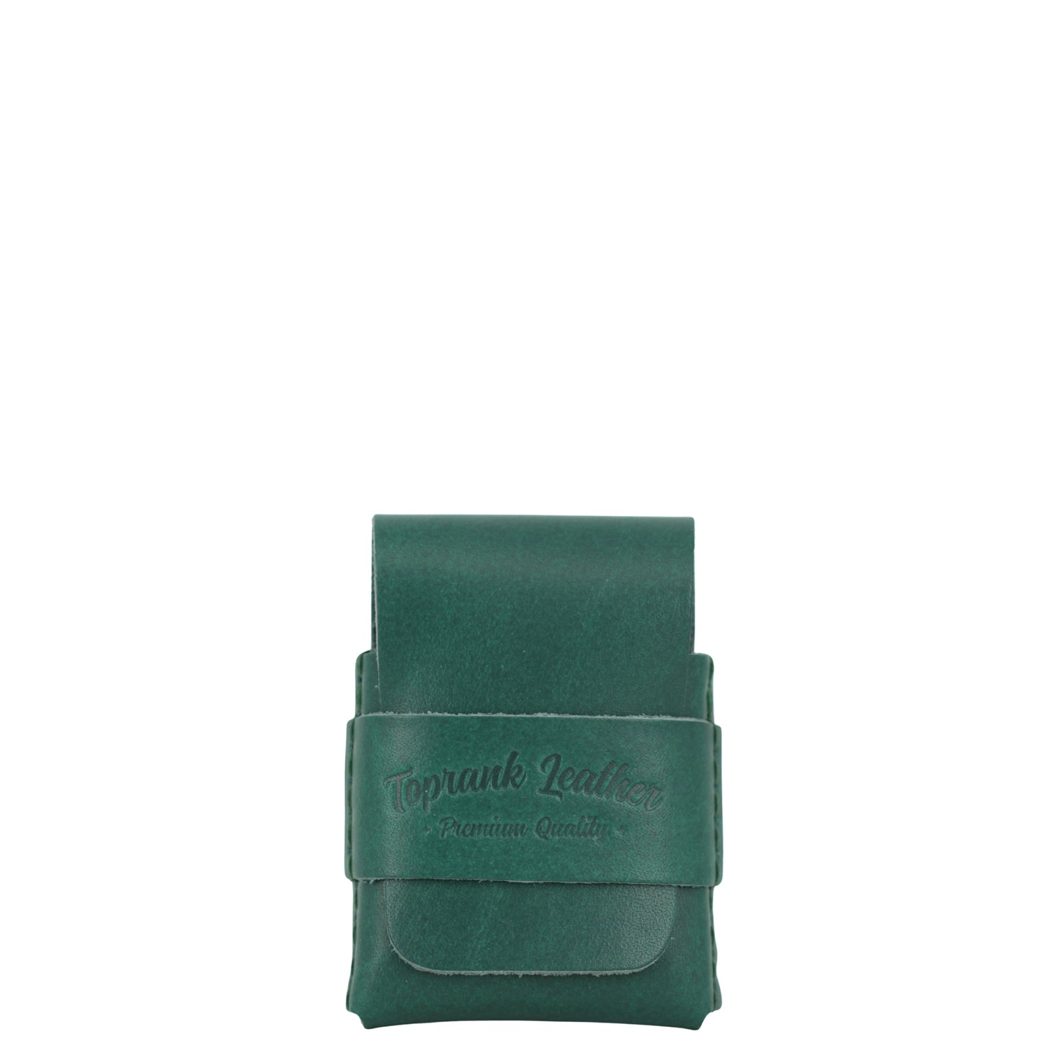 Green leather pouch with 'Toprank Leather' branding on a white background