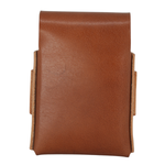 A brown leather card holder or wallet with a top flap and side tabs, shown against a plain white background. 