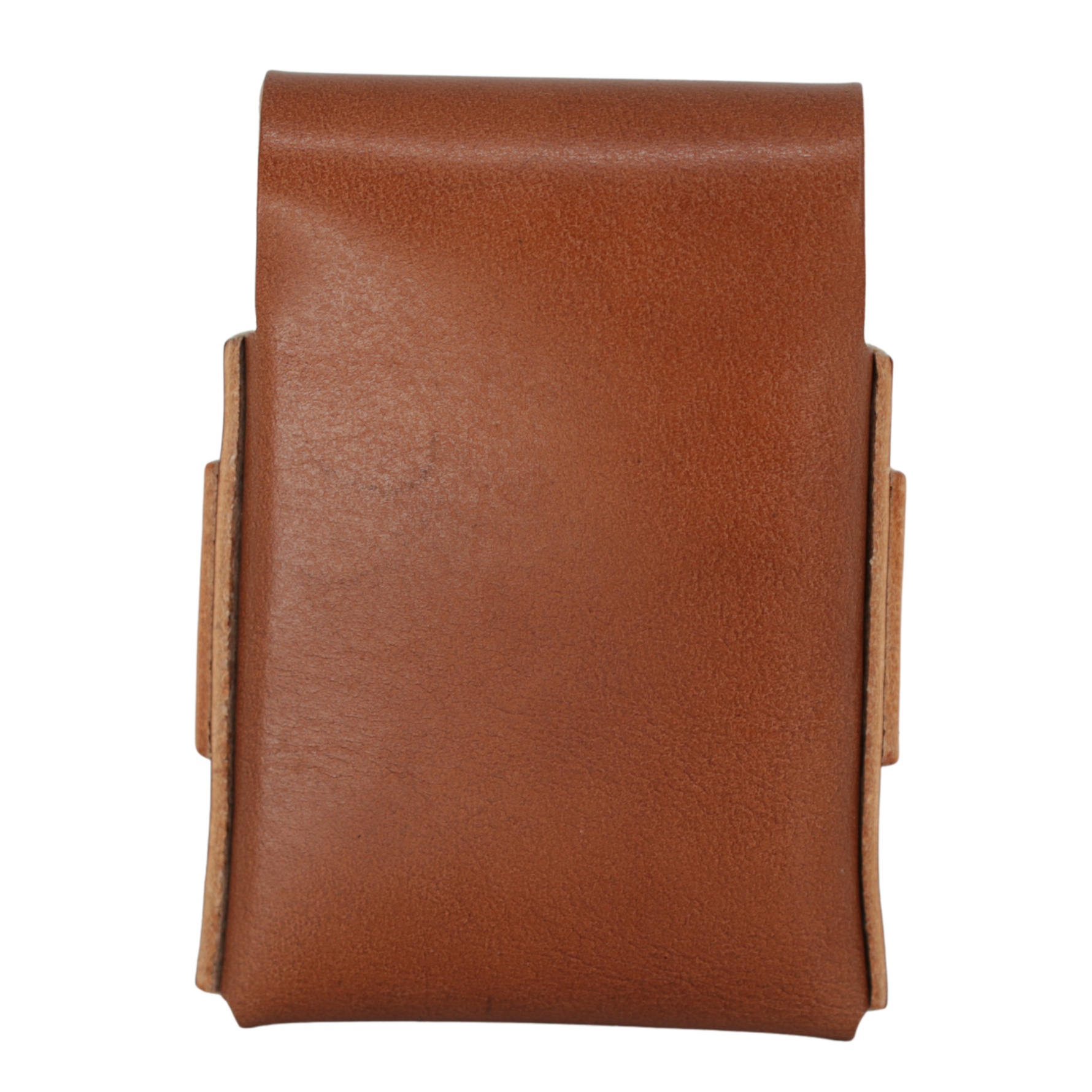 A brown leather card holder or wallet with a top flap and side tabs, shown against a plain white background. 