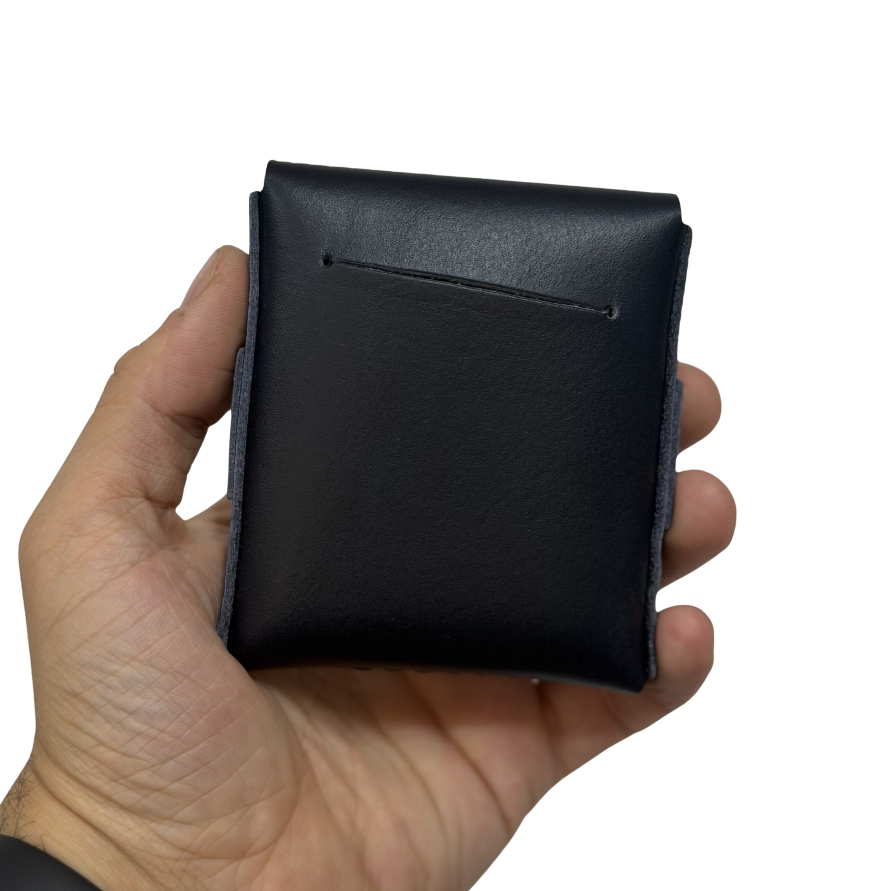 Hand holding a black leather wallet against a white background 