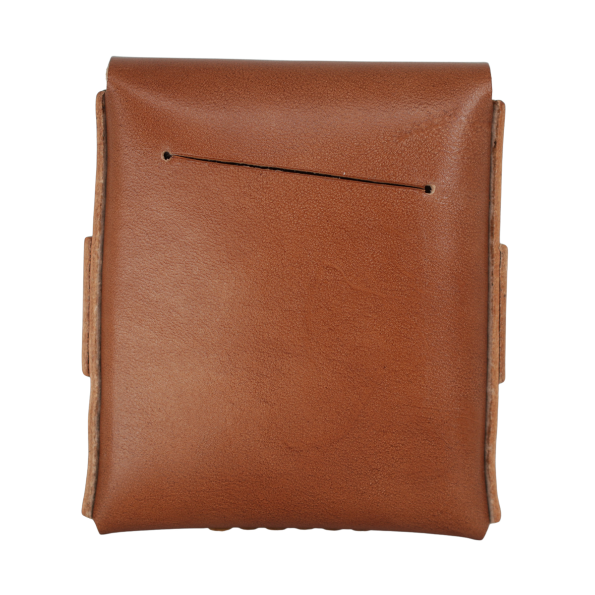 A brown leather pouch or case shown from the back, featuring a smooth textured leather surface, a horizontal stitched seam, and side tabs, isolated on a white background.  