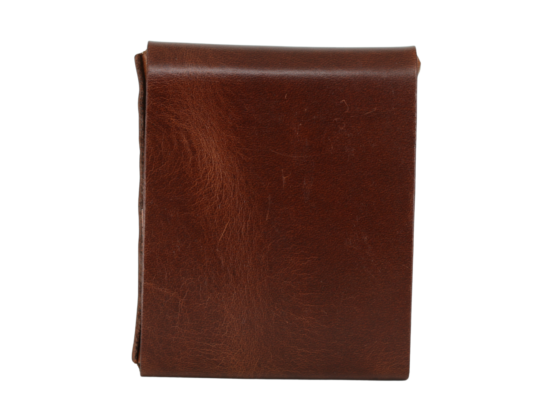 A dark brown leather wallet or clutch shown closed against a plain white background. 