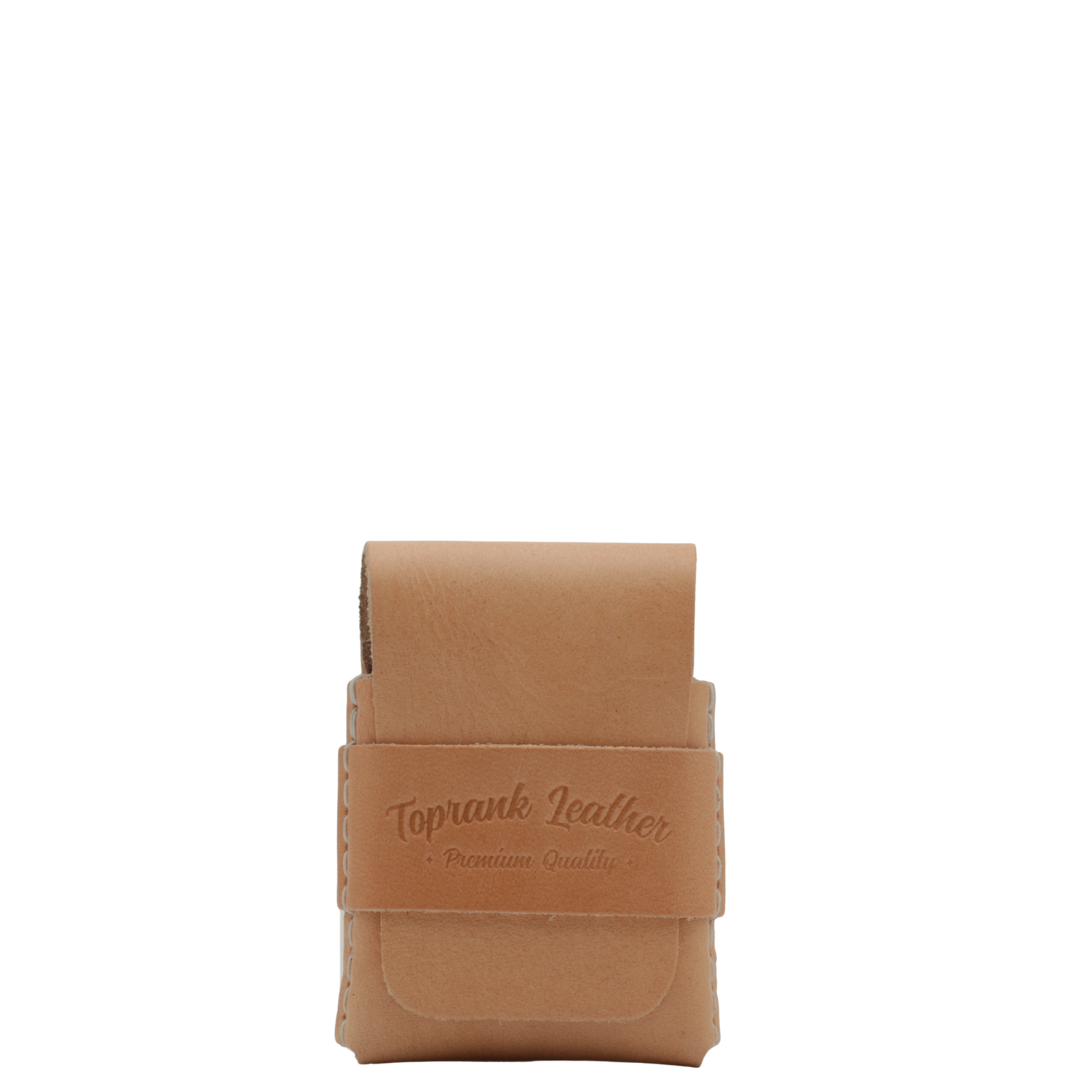 Tan leather pouch with 'Toprank Leather' branding on a white background