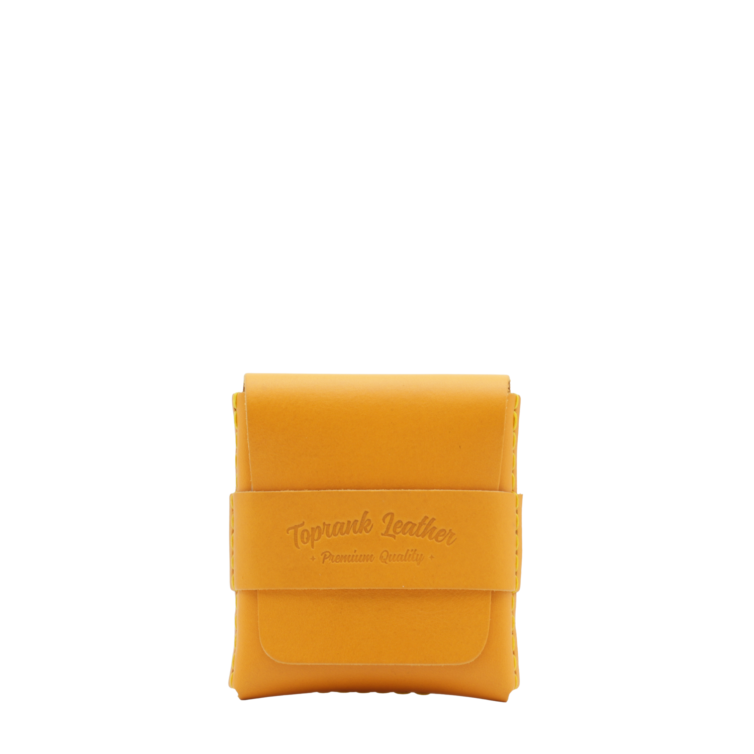 Yellow leather pouch with 'Toprank Leather' branding on a white background