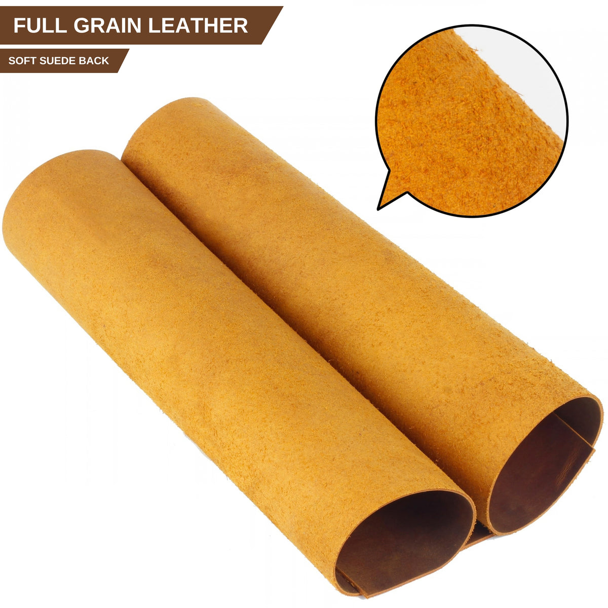 Two rolled pieces of tan full-grain leather on a white background, with a circular inset showing a close-up texture and text reading 'FULL GRAIN LEATHER' and 'SOFT SUEDE BACK'. 