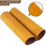 Two rolled pieces of tan full-grain leather on a white background, with a circular inset showing a close-up texture and text reading 'FULL GRAIN LEATHER' and 'SOFT SUEDE BACK'. 