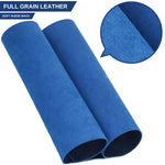 Two rolled blue leather cylinder covers on a white background, with a circular inset showing the suede-like texture and text reading 'FULL GRAIN LEATHER' and 'SOFT SUEDE BACK'. 