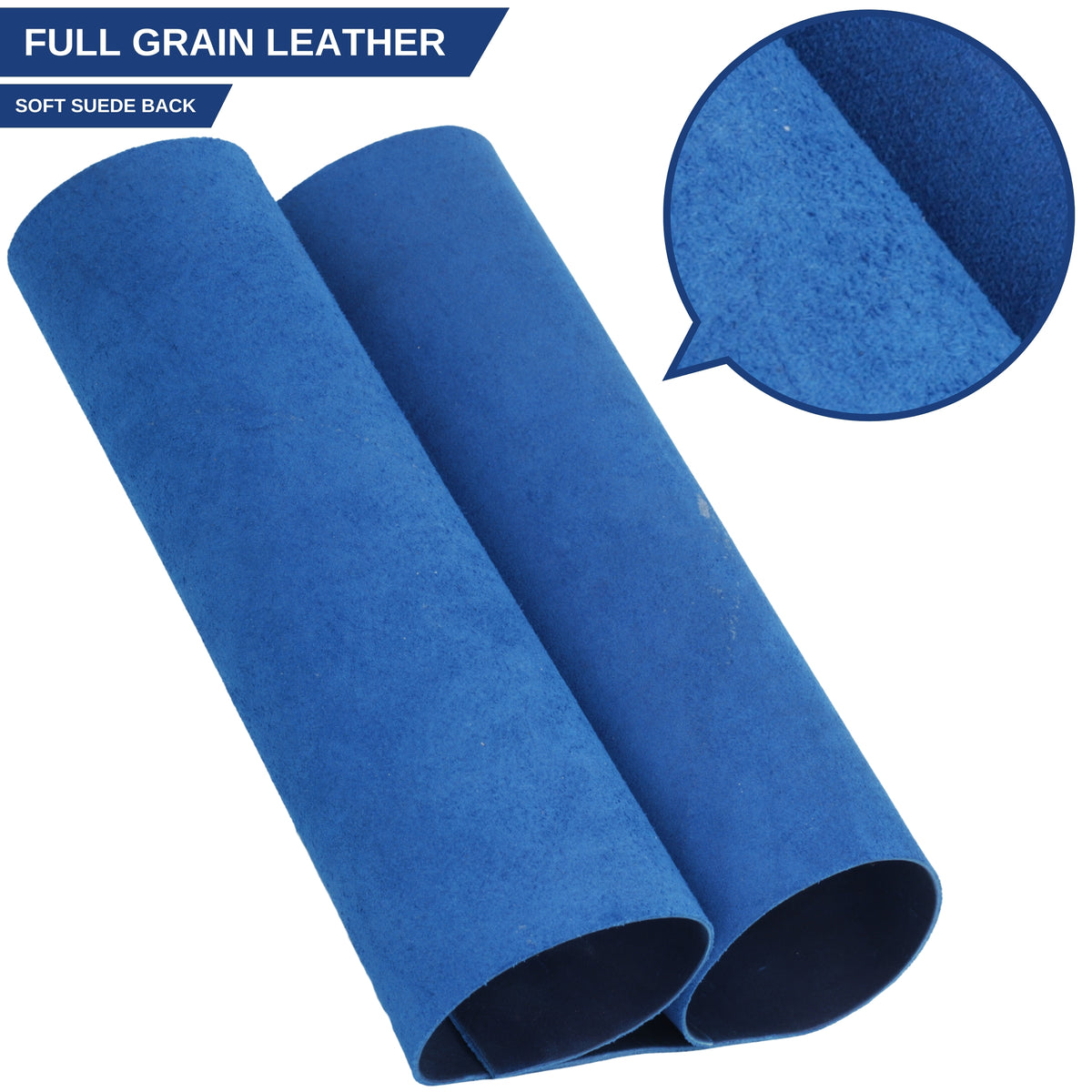 Two rolled blue leather cylinder covers on a white background, with a circular inset showing the suede-like texture and text reading 'FULL GRAIN LEATHER' and 'SOFT SUEDE BACK'. 