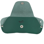Green leather wallet with metal grommets on a white background 