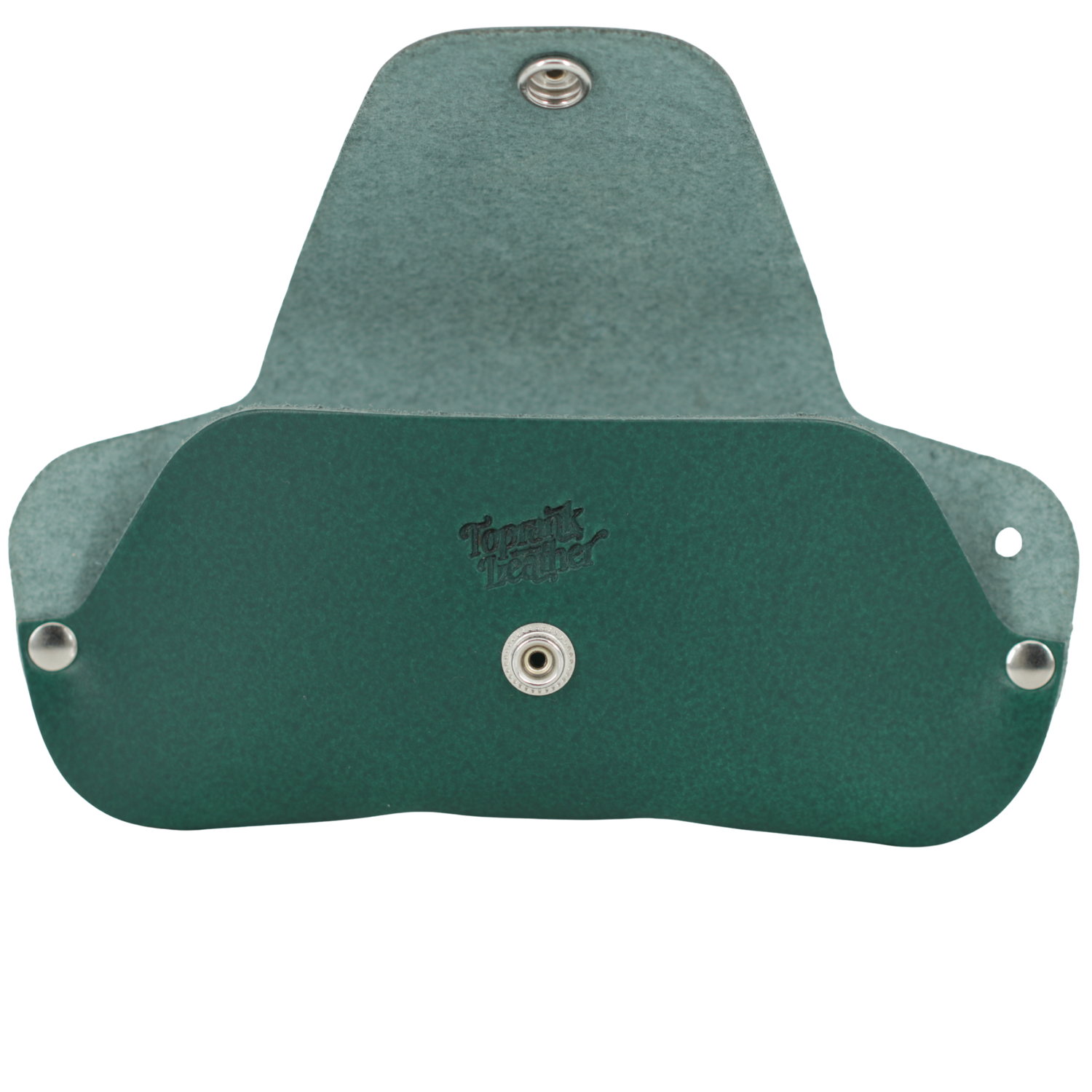 Green leather wallet with metal grommets on a white background