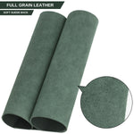Two rolled pieces of sage green full grain leather material with a soft suede back, shown on a white background with a circular texture close-up inset. 