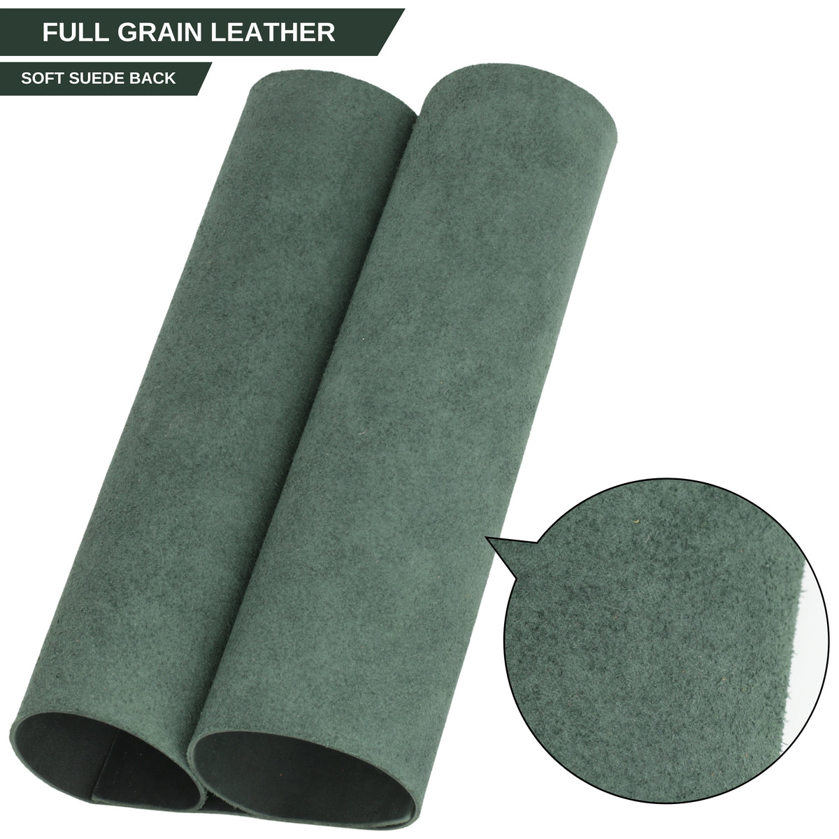Two rolled pieces of sage green full grain leather material with a soft suede back, shown on a white background with a circular texture close-up inset. 