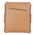 A tan leather pouch or case shown from the back, featuring a single horizontal stitched seam across the top, photographed on a plain white background. 