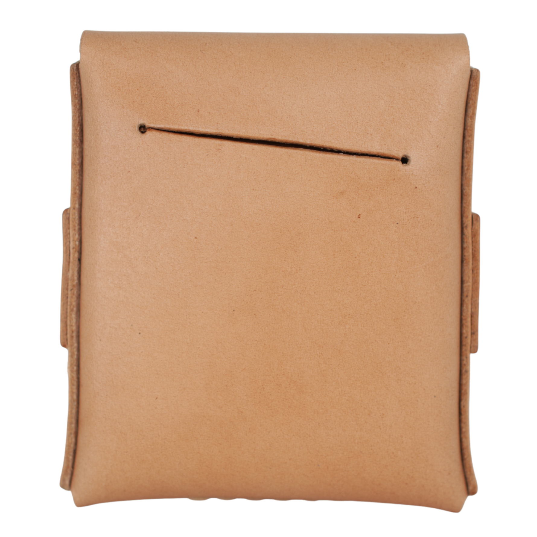 A tan leather pouch or case shown from the back, featuring a single horizontal stitched seam across the top, photographed on a plain white background. 