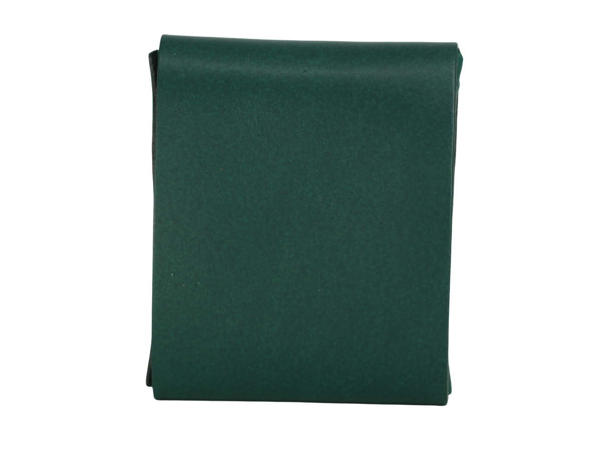 Gable leather flap wallet in Green shown closed from the back. 