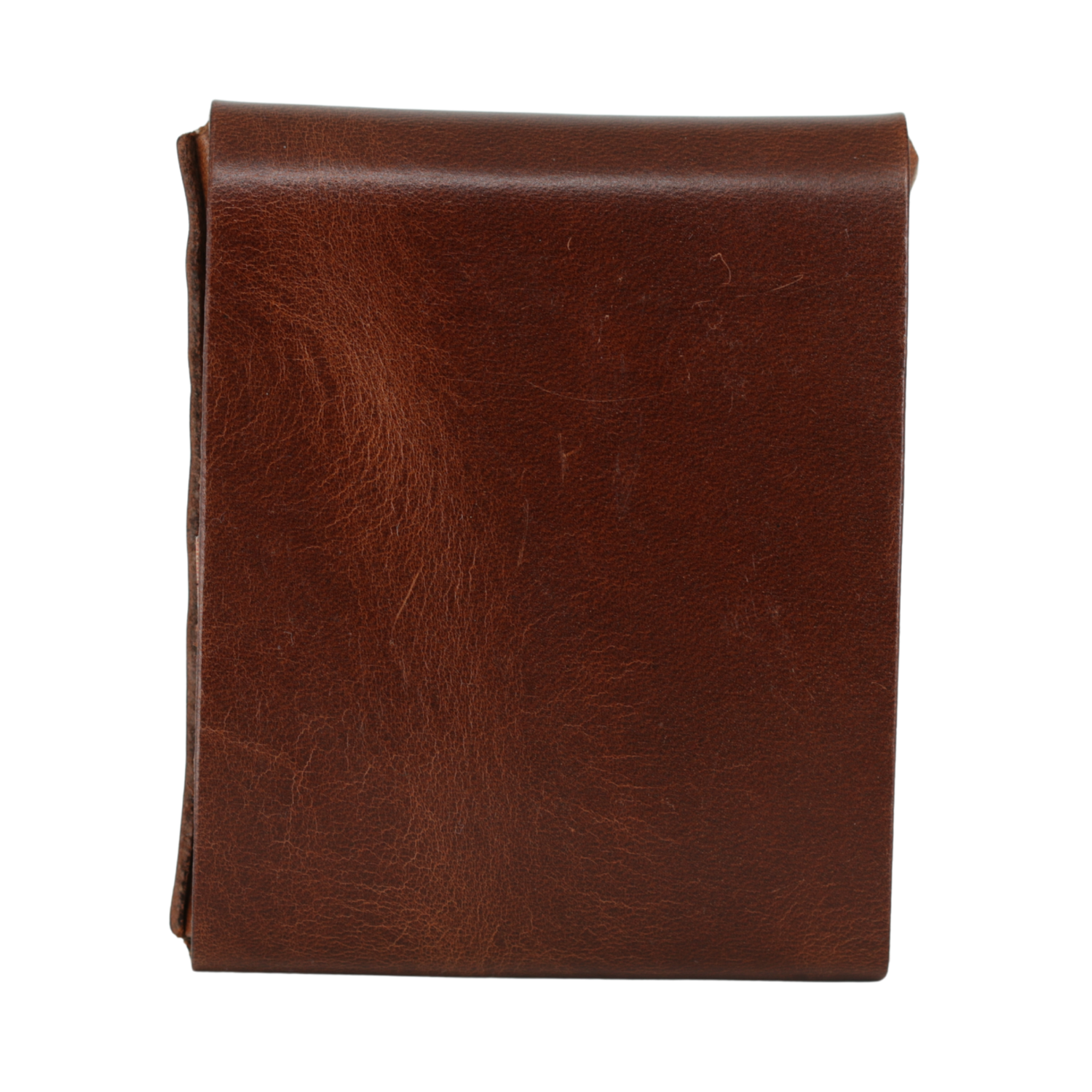 A brown leather wallet or card holder, folded and shown from the front on a plain white background.
