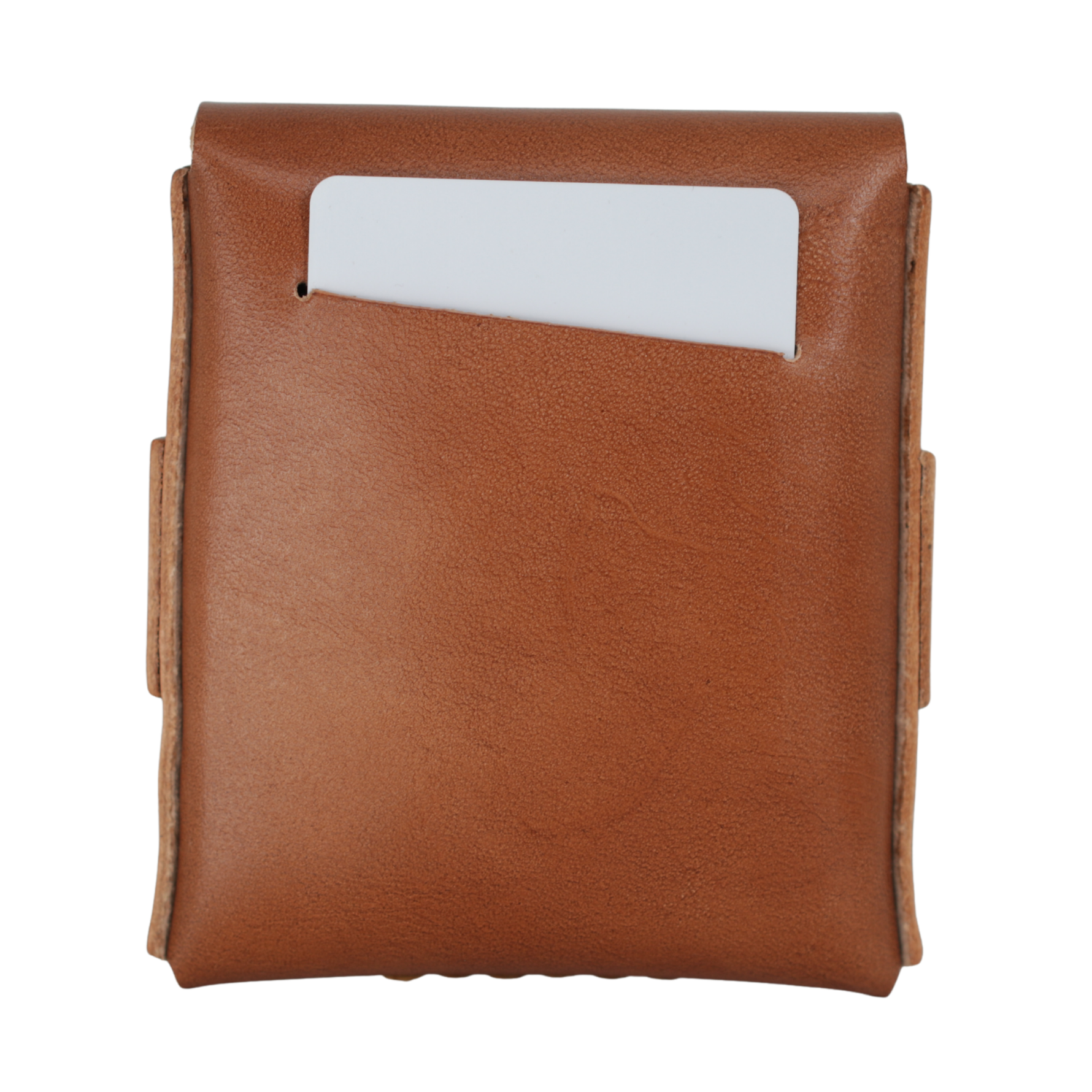 A brown leather card holder or wallet with a white card partially inserted into a front card slot, shown against a plain white background.  