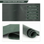 Dark green leather material panel with text callouts reading 'Craftsman Grade Leather' and feature points including 1.6mm thickness, Prime A grade quality, leather in precut, soft suede backing, and craftsman cutting. 