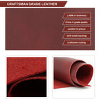 Red leather material showcase with text reading 'CRAFTSMAN GRADE LEATHER' and feature callouts including 1.6mm thickness, Prime A grade quality, leather in precut, soft suede backing, and craftsmen cutting. 