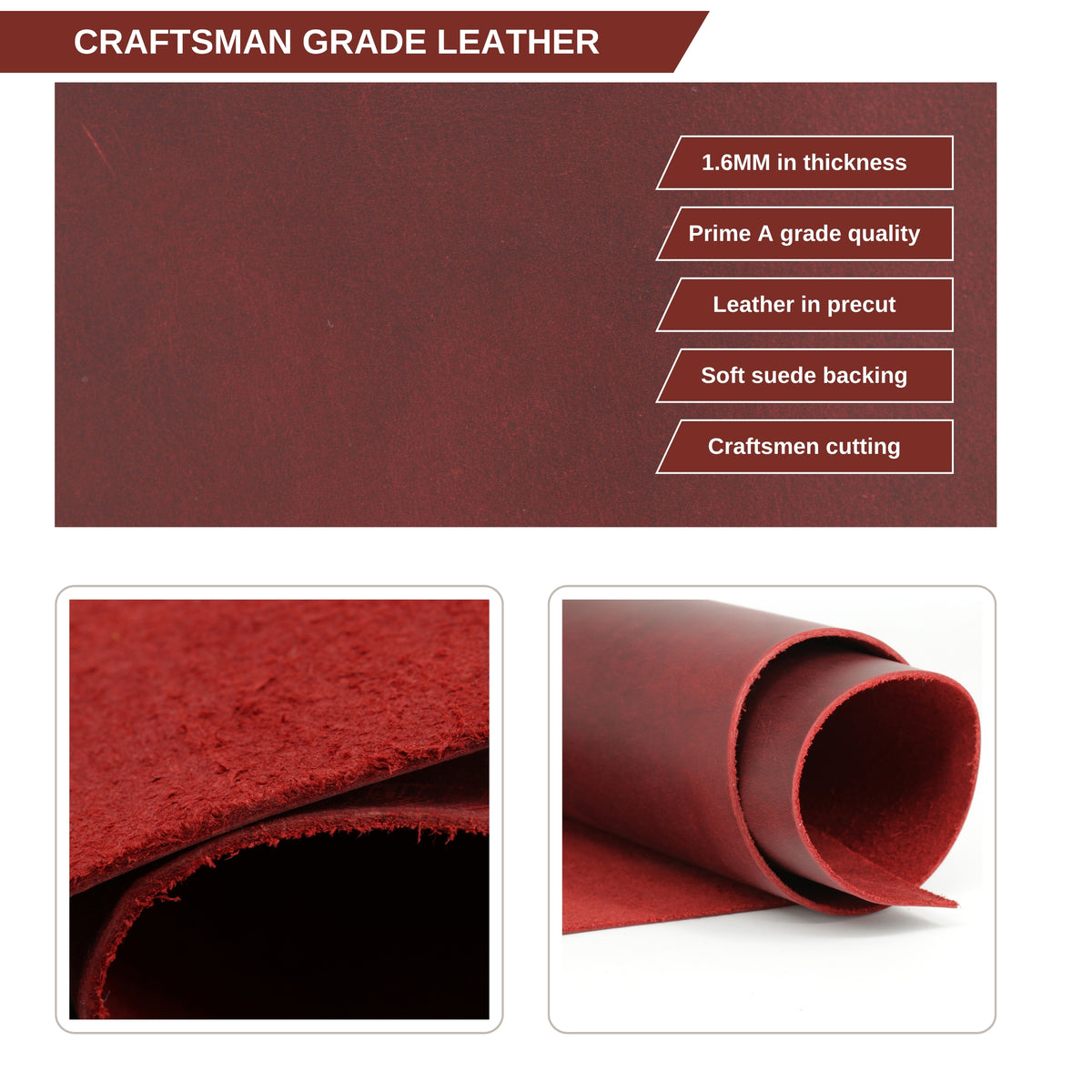 Red leather material showcase with text reading 'CRAFTSMAN GRADE LEATHER' and feature callouts including 1.6mm thickness, Prime A grade quality, leather in precut, soft suede backing, and craftsmen cutting. 