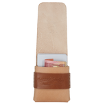 Slade Slim Bench Edition two-tone card holder in Natural, brown strap embossed with the Toprank Leather Premium Quality stamp, a banknote and card inside. 