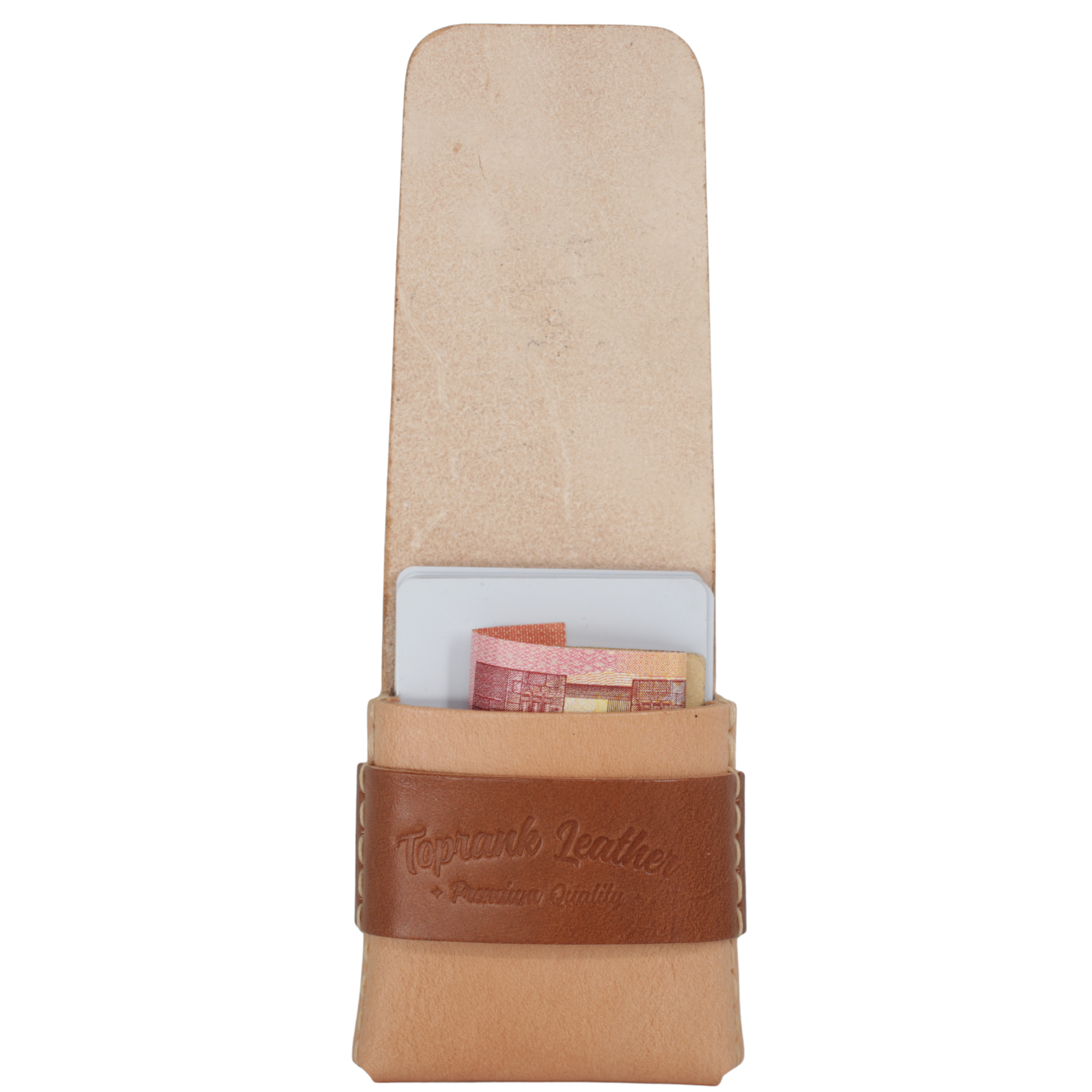 Slade Slim Bench Edition two-tone card holder in Natural, brown strap embossed with the Toprank Leather Premium Quality stamp, a banknote and card inside. 