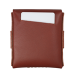 A brown leather card holder or wallet with a white card partially inserted into a top slot, shown against a plain white background. 