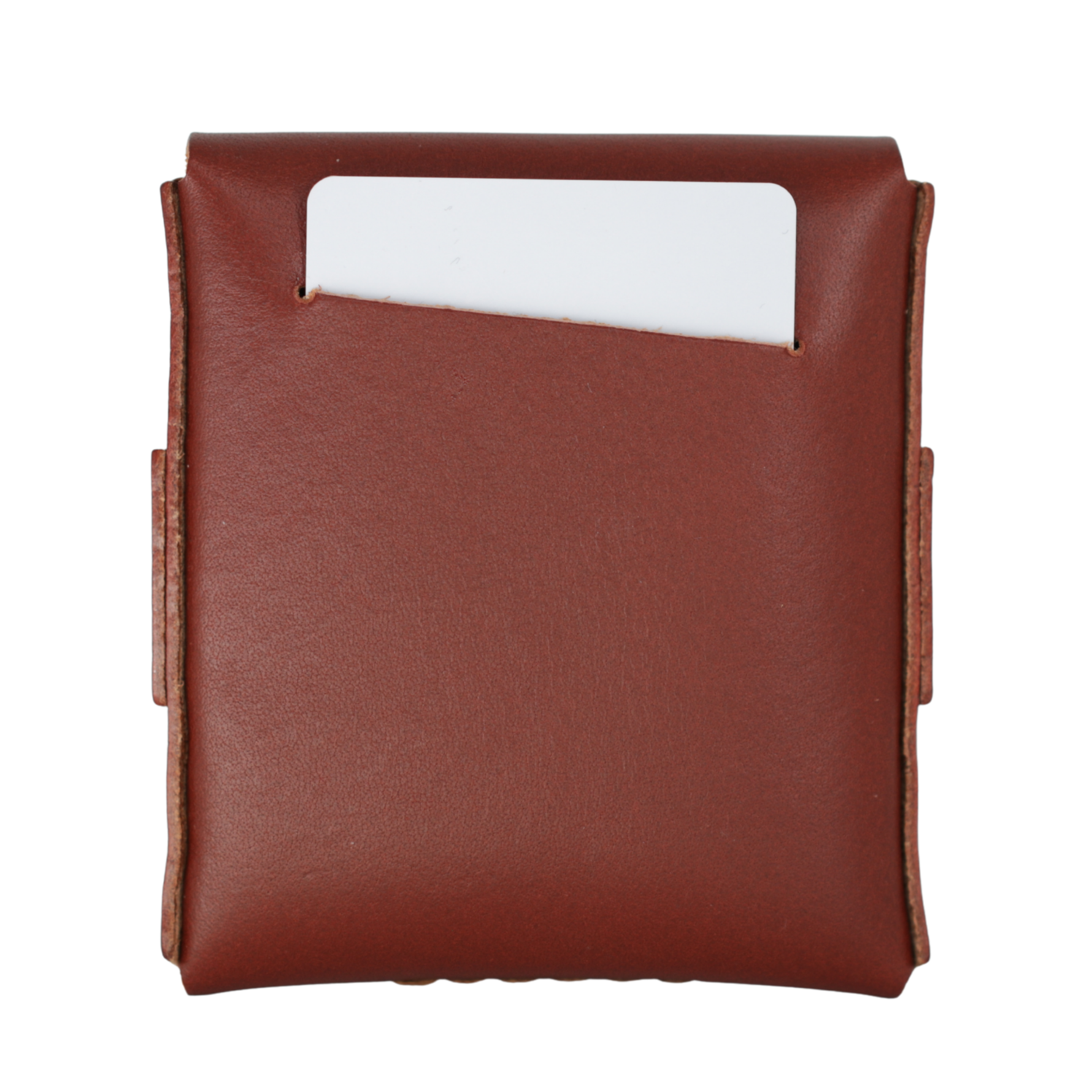 A brown leather card holder or wallet with a white card partially inserted into a top slot, shown against a plain white background. 