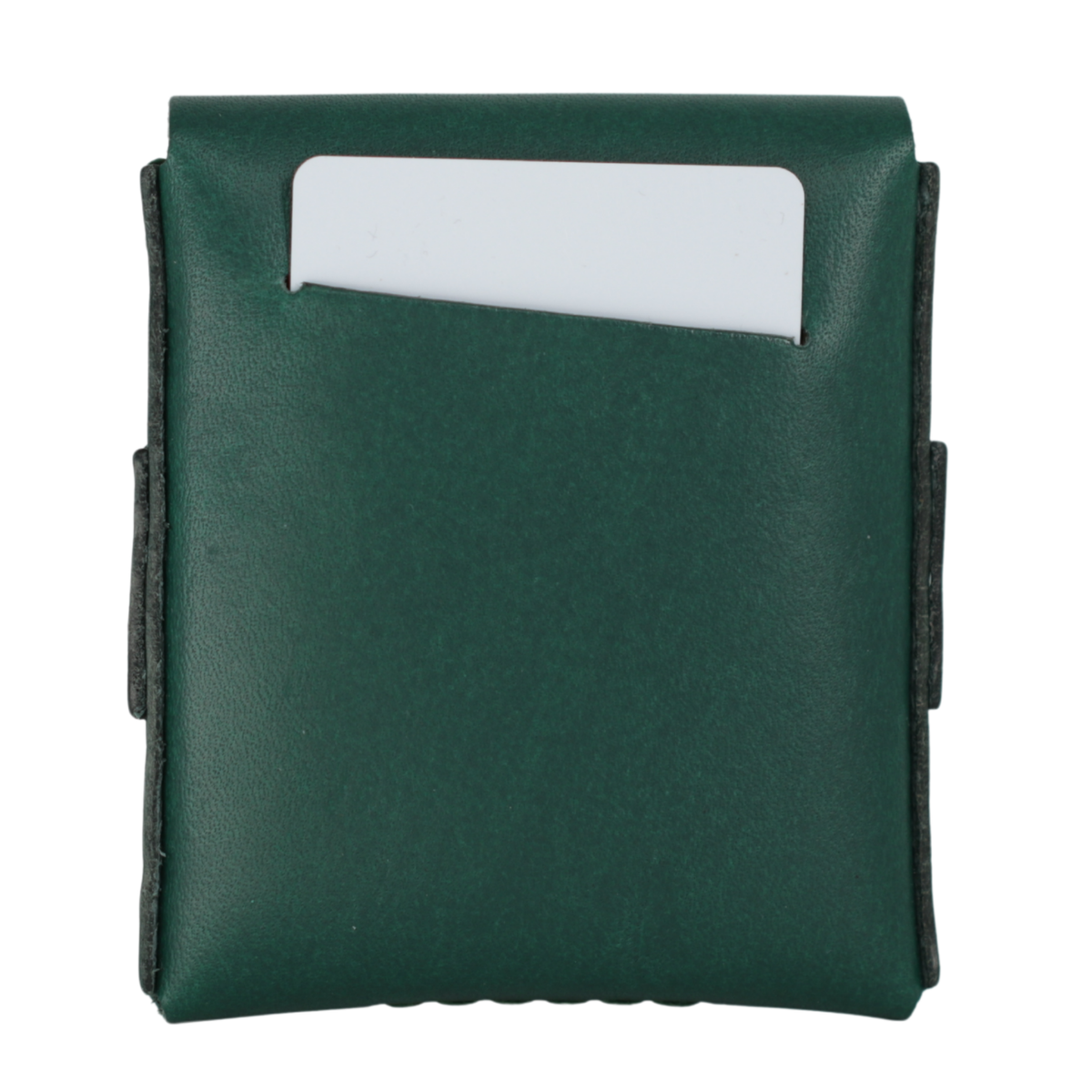 A dark green leather card holder or wallet with a white card partially inserted into a top pocket, shown against a plain white background. 