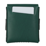 A dark green leather card holder or wallet with a white card partially inserted into a top pocket, shown against a plain white background. 
