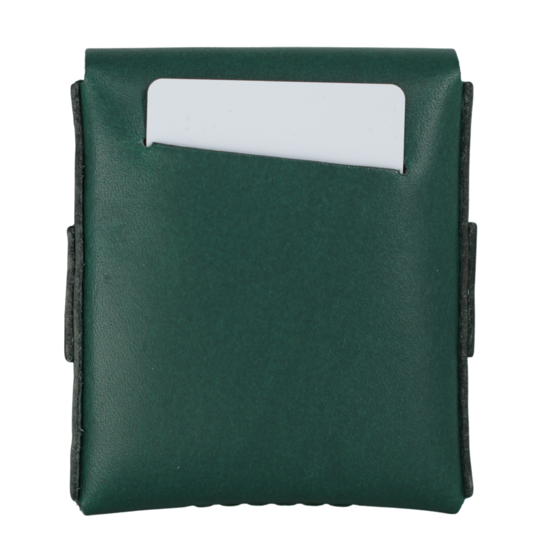 A dark green leather card holder or wallet with a white card partially inserted into a top pocket, shown against a plain white background. 