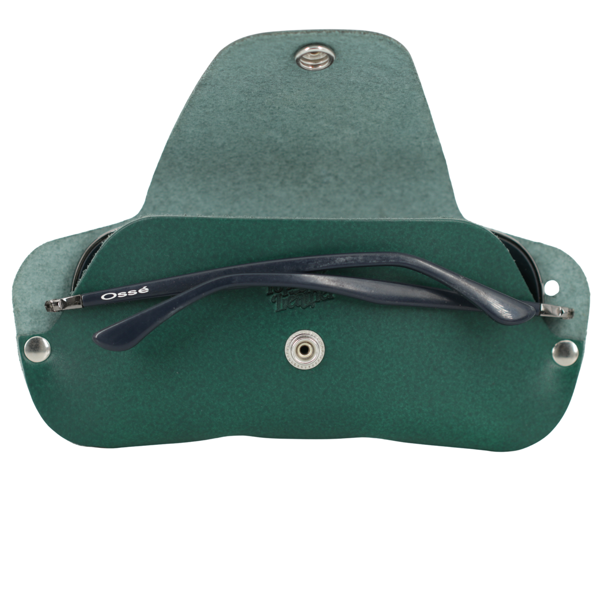 Green eyeglass case with a pair of black glasses inside on a white background 