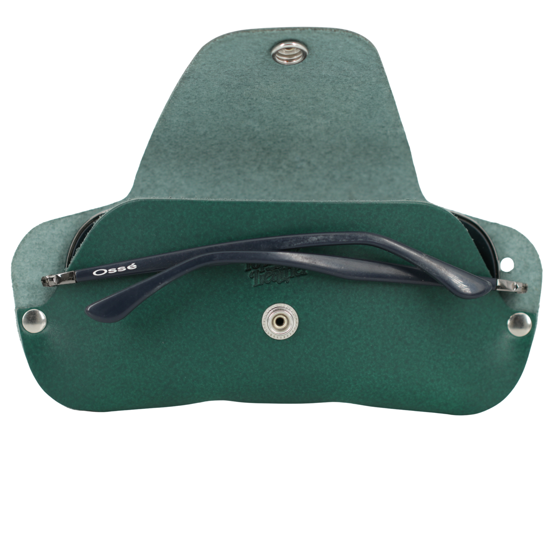 Green eyeglass case with a pair of black glasses inside on a white background 