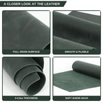 Four-panel product detail graphic showing a dark green leather material close-up with text labels: full grain surface, smooth and pliable, 4-4.5oz thickness, and soft suede back. 