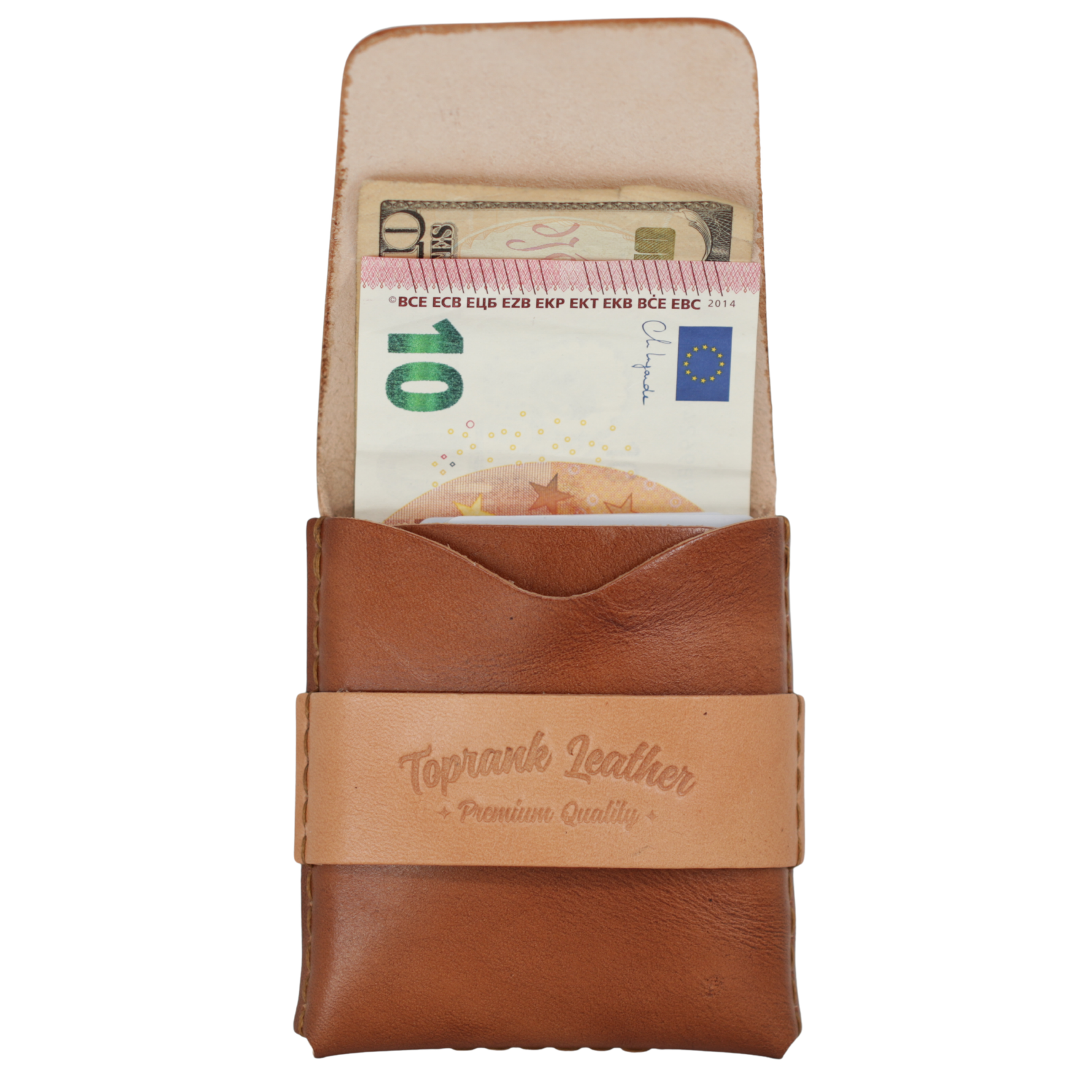 A brown leather card holder wallet with a tan leather band across the front embossed with 'Toprank Leather Premium Quality'. The wallet is shown open, containing a 10 Euro banknote in the top slot.  