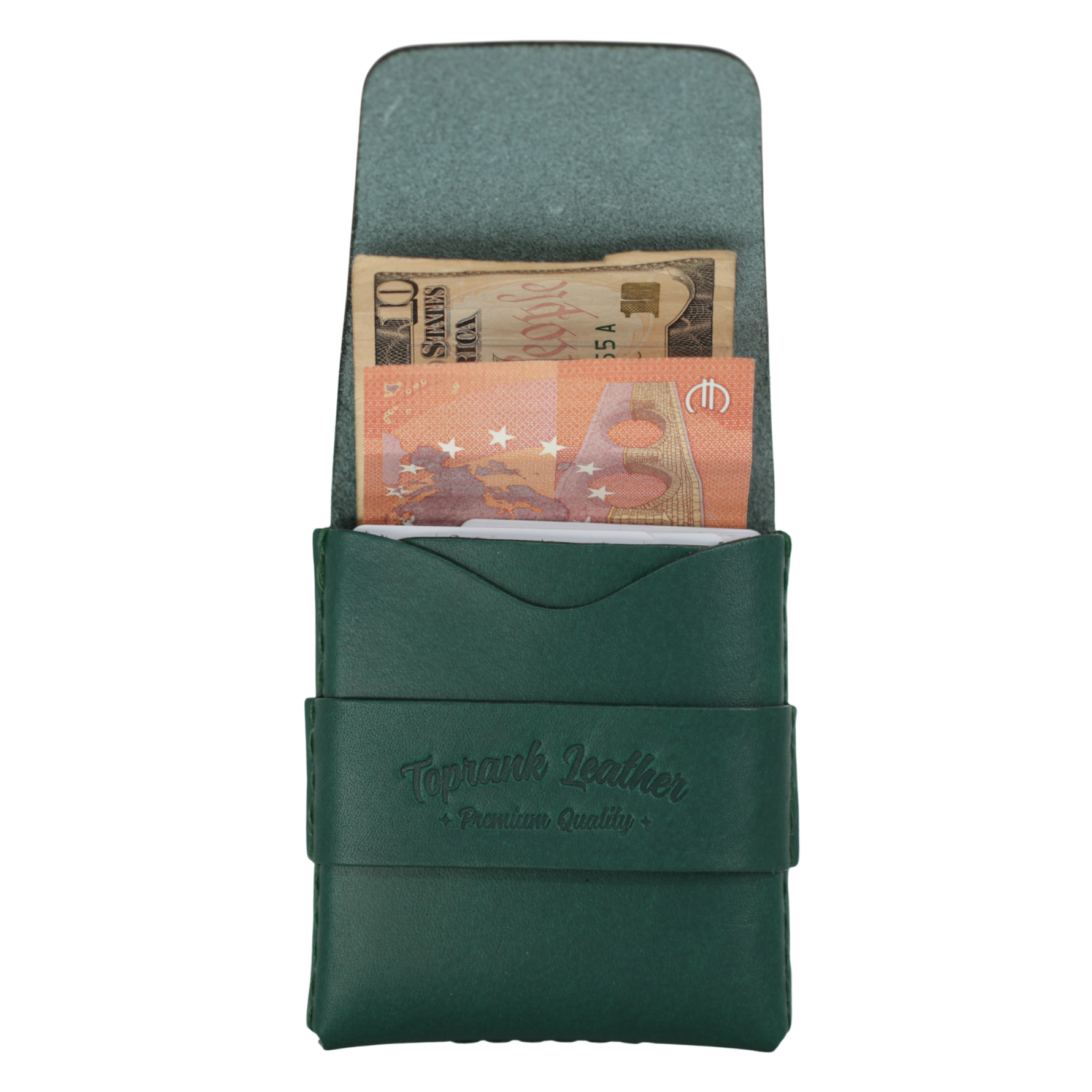 A dark green leather passport holder wallet with a strap closure and embossed 'Terraku Leather' branding, shown open with banknotes tucked into the interior slots against a plain white background. 