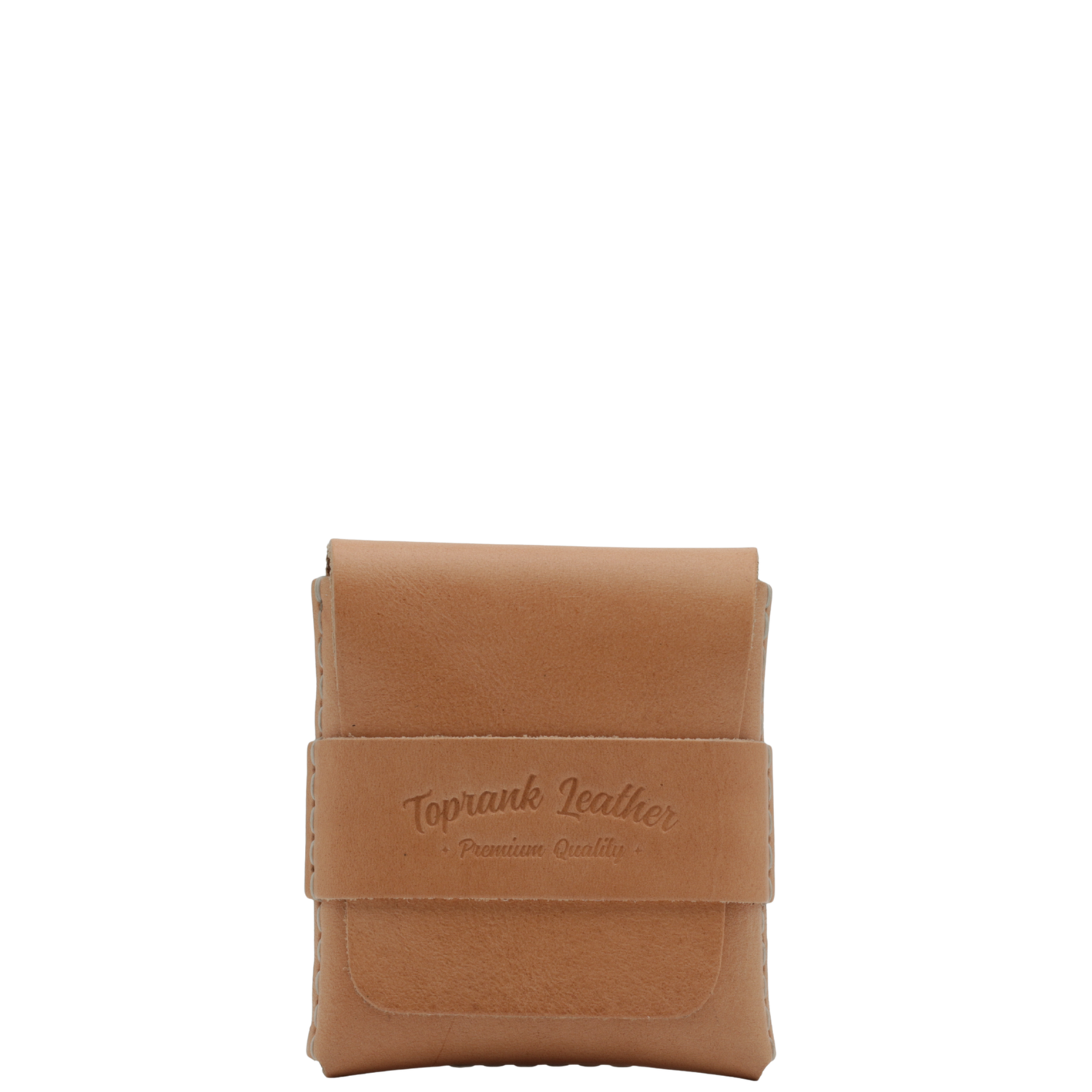 Tan leather pouch with 'Toprank Leather' branding on a white background